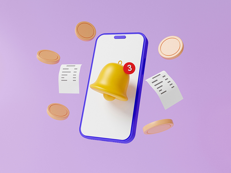 phone with notification and coins on purple background