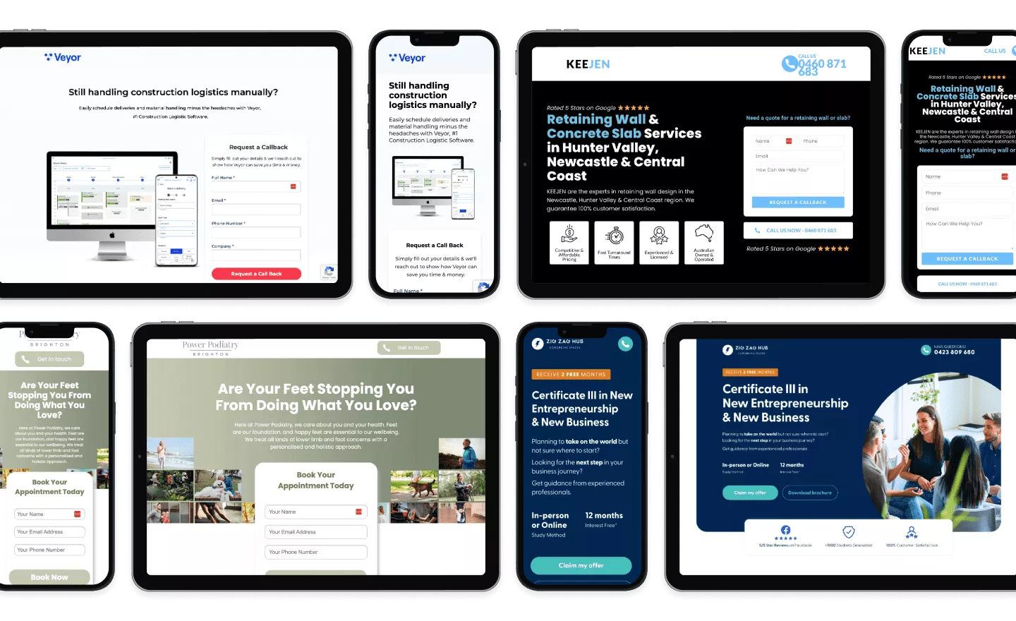 A collection of website landing page designs displayed on various devices, showcasing different businesses and services with call-to-action elements.