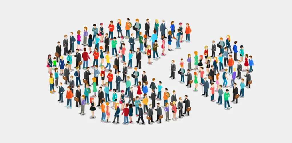 Illustration of a large group of diverse people forming segmented pie chart sections, representing audience segmentation or targeted marketing.