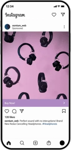 An Instagram sponsored ad showcasing multiple black noise-canceling headphones against a pink background. The ad includes a "Buy Now!" call-to-action and promotes high-quality sound without interruptions.